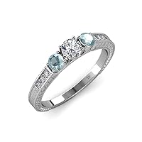 Diamond and Aquamarine Milgrain Work 3 Stone Ring with Side Diamond 0.85 ct tw 14K White Gold