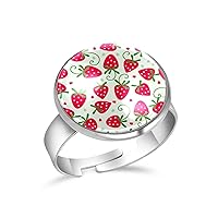 Strawberry Adjustable Rings for Women Girls, Stainless Steel Open Finger Rings Jewelry Gifts