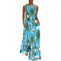 Beer Bottle Coconut Tree Women's Summer Sleeveless Long Dress V-Neck Ankle Maxi Dresses with Pockets