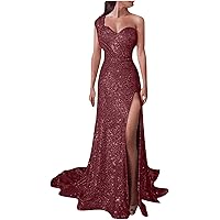 Womens One Shoulder Sequin Prom Formal Dress Glittery Sleeveless Split Side Thigh Floor Length Evening Wedding Gown