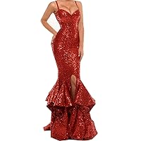 Red Spaghetti Strap Sweetheart Mermaid Sequin Prom Dresses With Slits