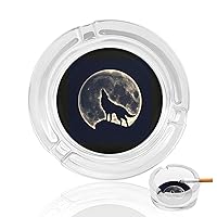 Wolf Howling at The Moon Glass Ashtray for Cigarettes Portable Round Ash Trays for Home Office Indoor Outdoor