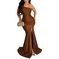 Women Sexy Elegant One Shoulder High Split Ruched Asymmetrical Long Evening Dress