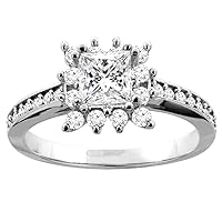 14K White Gold 1.03 ct Princess cut Floral Halo Diamond Engagement Ring, sizes 5-10