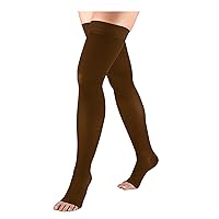 Truform 20-30 mmHg Compression Stockings for Men and Women, Thigh High Length, Dot-Top, Open Toe, Brown, Large
