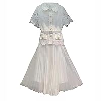 Runway Autumn White Pleated Dress Elegant Women Lapel Diamonds Button Floral Embroidery Lace Patchwork Belt Long