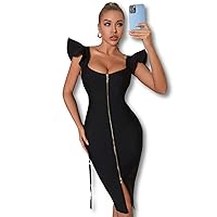 Exclusive Elegant Women Summer Sexy Formal Evening Dress Black Ruffle Sleeve Zipper Front Bodycon Cocktail Night Out Dress