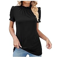 Mock Neck Dressy Shirts for Women Elegant Plain Puff Sleeve Blouses Tee Casual Summer Tops Fitted Work Tunic Top