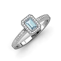 Emerald Cut Aquamarine & Round Diamond 0.73 ctw Women Leaf Engraved Halo Engagement Ring 14K Gold