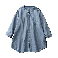 Women's 3/4 Sleeve Cotton Linen Blouses Dressy Button Down Crewneck Shirts Summer Casual Loose Fit Top with Pocket