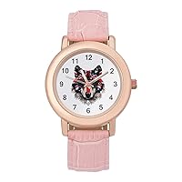 UK Flag US Wolf Wearing Glasses Women's Watches Classic Quartz Watch with Leather Strap Easy to Read Wrist Watch