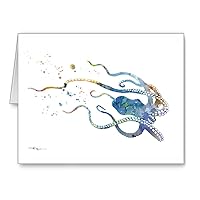 Blue Octopus - Set of 10 Abstract Watercolor Animal Note Cards With Envelopes
