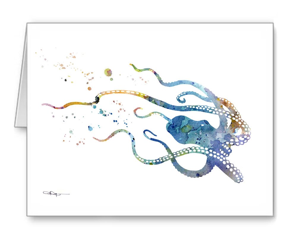 DJ Rogers Fine Art Blue Octopus - Set of 10 Abstract Watercolor Animal Note Cards With Envelopes