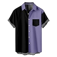 Mens Button Down Beach Shirts, Casual Colorblock Hawaiian Shirt Slim Fit Short Sleeve Tee Shirt with Chest Pocket