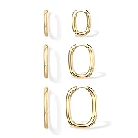 PAVOI 18K Gold Plated 925 Sterling Silver Posts 3 Pairs Chunky Gold Hoop Earrings Set | Lightweight Rectangle Huggie Hoops Pack for Women