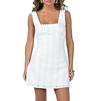 Women Square Neck Sleeveless Mini Dress Lace Trim Backless A-line Tank Dress Summer Zip Up Short Dress (B-White, M)