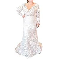 Plus Size V-Neck Long Sleeve Bridal Ball Gown Lace Beading Wedding Dresses for Bride 2023 Plus Size with Train