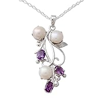 NOVICA Artisan Handmade Amethyst Cultured Freshwater Pearl Pendant Necklace in Silver with Amethysts Sterling Rhodium Plated Purple White India Birthstone 'Sincerely Yours'