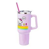 Silver Buffalo Sanrio Hello Kitty Spring and Summer Flowers Rainbow Stripes Stainless Steel Tumbler with Handle and Straw, Fits in Standard Cup Holder, 40 Ounces