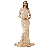 Women's Sequin Mermaid Prom Dresses Glamorous Evening Dresses Sparkly Long Spaghetti Straps Formal Party Gowns