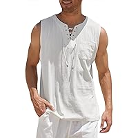 Men's Cotton Linen Tank Top Casual Sleeveless Shirts Lace Up Beach Hippie Tops Bohemian Renaissance Pirate Tunic