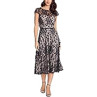 XSCAPE Womens Beige Zippered Floral Short Sleeve Boat Neck Midi Party Fit + Flare Dress Petites 8P