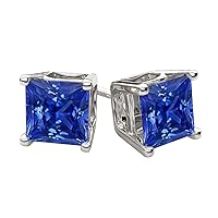 Stud Solitaire Earrings 14K White Gold Plated Silver 1.2 Ct Princess-Cut Sim Diamond Prong Set