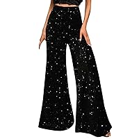 Ladies Pants Loose Fit Pants for Women Formal Sequin Sparkly High Cut Flare Wide Leg Fall Summer Pants 2024