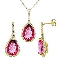 10K Yellow Gold Diamond Natural Pink Topaz Earrings Necklace Set Pear Shaped 12x8mm & 15x10mm, 18 inch