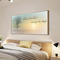 Lasdel Natural Extra Framed Canvas Wall Art of Misty Sunset & Tree Plant Picture For Bedroom Home Above Bed,White Country Wood Sign For Bathroom,Give It To God & Go to Sleep Artwork Decor,30x60