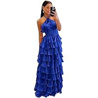 Chiffon Prom Dresses Ruffle Long Layered Corset Halter A Line Backless Formal Evening Dresses for Women ZA105
