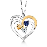 Gem Stone King 925 2-Tone Sterling Silver and White Yellow Citrine Blue Created Sapphire and White Moissanite Pendant Necklace For Women (1.38 Cttw, Heart Shape 5MM, 18 Inch Chain)