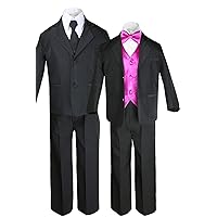 Unotux 7pc Boys Black Suit with Satin Fuchsia Vest Set (S-20)