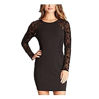 Womens Black Sheer Embroidered Zippered Long Sleeve Jewel Neck Short Cocktail Body Con Dress Juniors 7