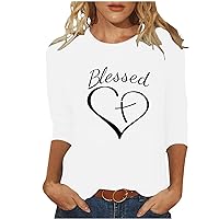 Blessed T-Shirt for Women Cute Heart Letter Graphic Shirts Inspirational Sayings Tops Casual 3/4 Sleeve Thankful Tee