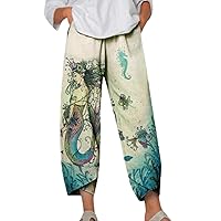 Cotton Linen Capri Pants for Women Wide Leg Print Cropped Pants Elastic Waist Baggy Beach Boho Trousers with Pockets