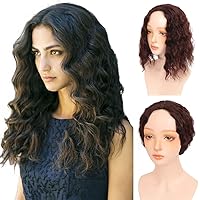 Middle Part Clip in Crown Replacement Hair Piece 12inch Snythetic Skin Base Topper Nature Hairline (Wavy Dark Brown)