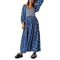 Womens Flower Embroidered Maxi Dress Puff Sleeve Square Neck Tiered Flowy Spring Fall Loose Casual Dress