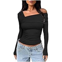 Women Irregular V Neck Tops Long Sleeve Wrap Shirts Ruched Plain Blouses Slim Fit Tight Y2K Tshirt for Going Out