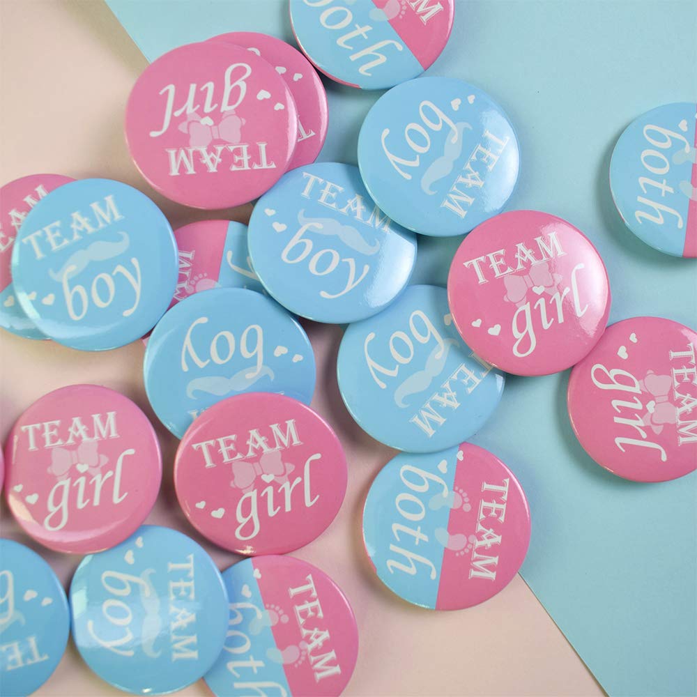 Team Girl & Team Boy Button Pins - Gender Reveal Party Games Baby Shower Party Ideas, Wear Your Guess, Girl or Boy, He or She Pin-Back Buttons (Set of 20, Round 1.5