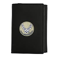 Officially Licensed US Air Force Medallion Trifold Genuine Leather Classic Wallet, Men’s birthday gift, Handmade Wallet in Brown & Black (Black)