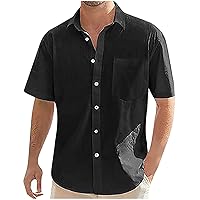 Men's Cotton Linen Short Sleeve Shirts Casual Lightweight Button Down T-Shirts with Pocket Vacation Beach Summer Tops