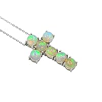 6 MM Round Natural Ethiopian Welo Opal Holy Cross Pendant Necklace 925 Sterling Silver October Birthstone Opal Jewelry Blessing Gift For Mom (PD-8302)