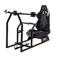 GTR Simulator GTA-F Model Black Frame Triple | Single Monitor Stand with Black Adjustable Leatherette Seat Racing Driving Gaming Simulator Cockpit Chair