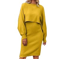 Women's Long Sleeve Lazy Fashionable Solid Knitted Dress Two Piece Medium Length Wool Dress Wrap Dress Womens