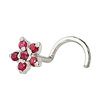Jewelry Avalanche 22G Solid 14K Gold 6-Stone 0.05ctw Ruby Flower Nose Stud - Nose Bone/L-Shape/Nose Screw Stud Nose Ring - July Birthstone Nose Stud