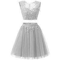 Women's Short Lace Beaded Homecoming Dresses Two Piece Tulle Prom Party Gowns