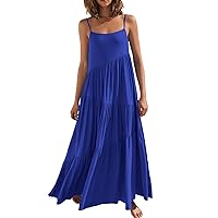 Women Patchwork Pleated Flowy Cami A-Line Dresses Summer Spaghetti Strap Sleeveless Fashion Casual Solid Beach Dress