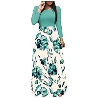 Womens Clearance Clothing Spring Dresses for Women 2024 Bohemian Print Patchwork Fashion Slim Fit with Long Sleeve Round Neck Flowy Dress Green 3X-Large