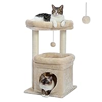 PEQULTI Cat Tree Cat Tower for Indoor Cats with Private Cozy Cat Condo, Natural Sisal Scratching Posts and Plush Pom-pom for Small Cats,Beige